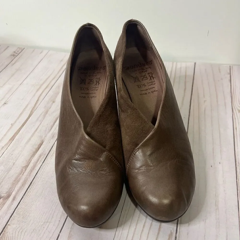 Wonders Brown Leather Suede Comfort Pumps Heels